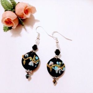 Black round lampwork glass beaded earrings
